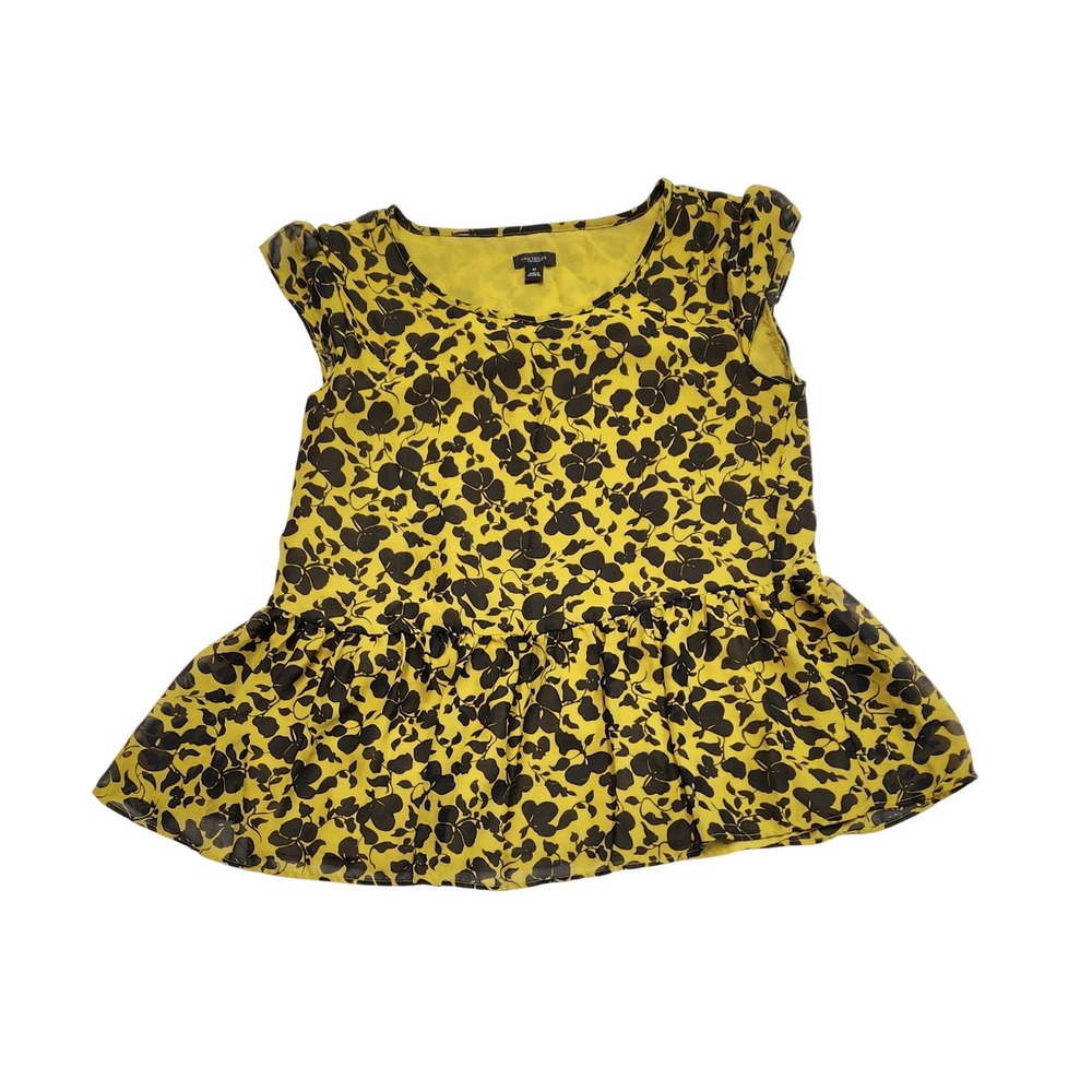 Ann Taylor Factory Peplum Flutter Sleeve Floral Top Yellow Black XS Boho Chic